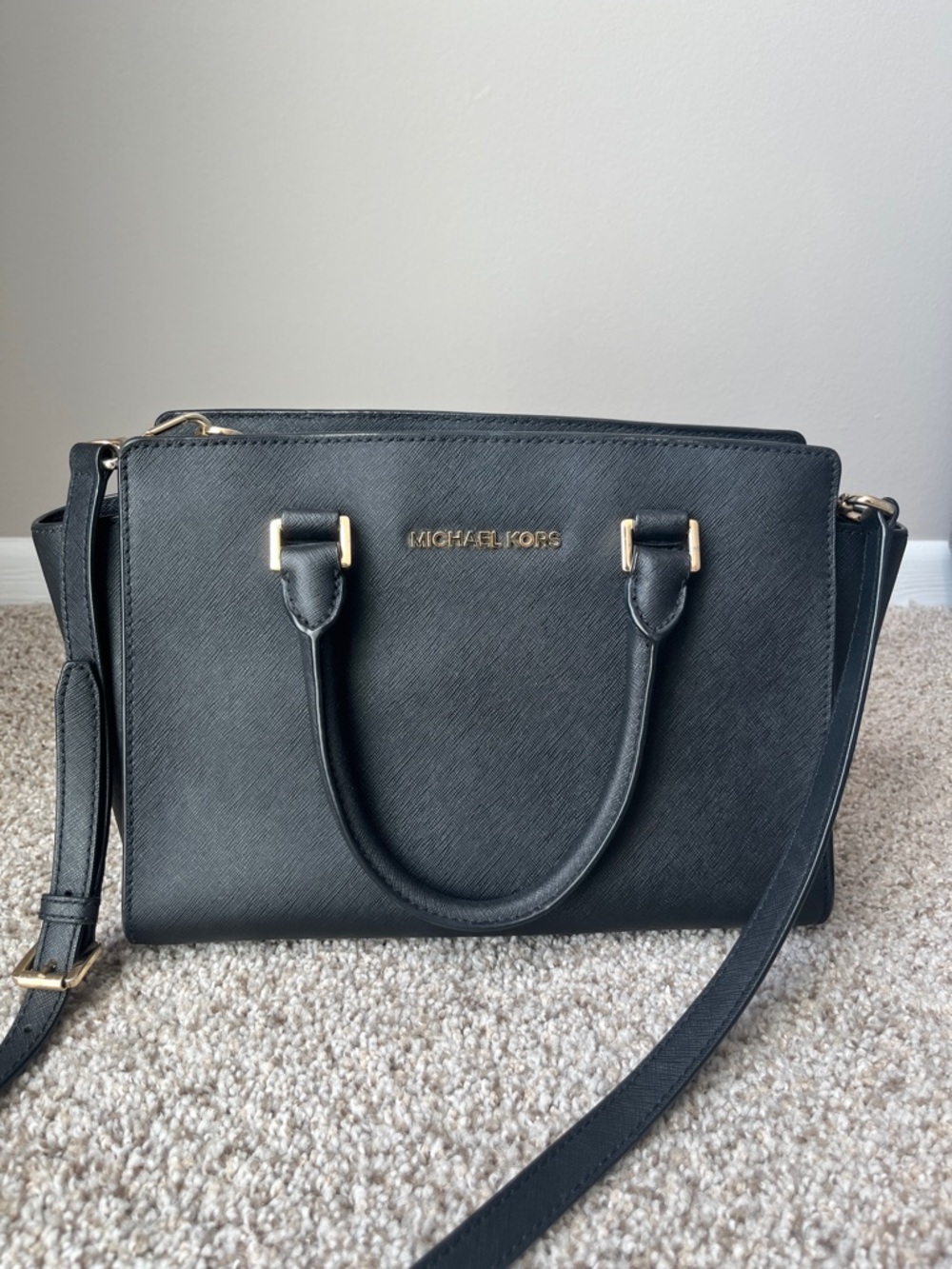 Michael Kors Black Leather Satchel with Gold Hardware